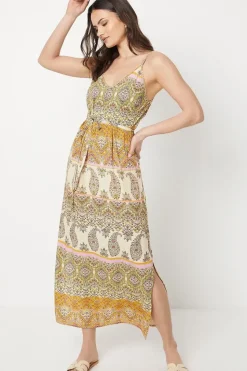 Paisley Patchwork Floral Printed Crinkle Strappy Belted Midi Dress