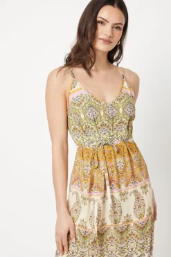 Paisley Patchwork Floral Printed Crinkle Strappy Belted Midi Dress