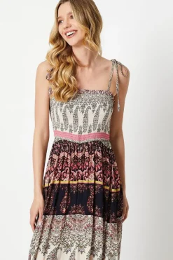 Paisley Patchwork Printed Crinkle Shirred Boddice Tie Strap Maxi Dress