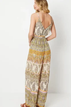 Paisley Patchwork Printed Crinkle Strappy Wide Leg Jumpsuit