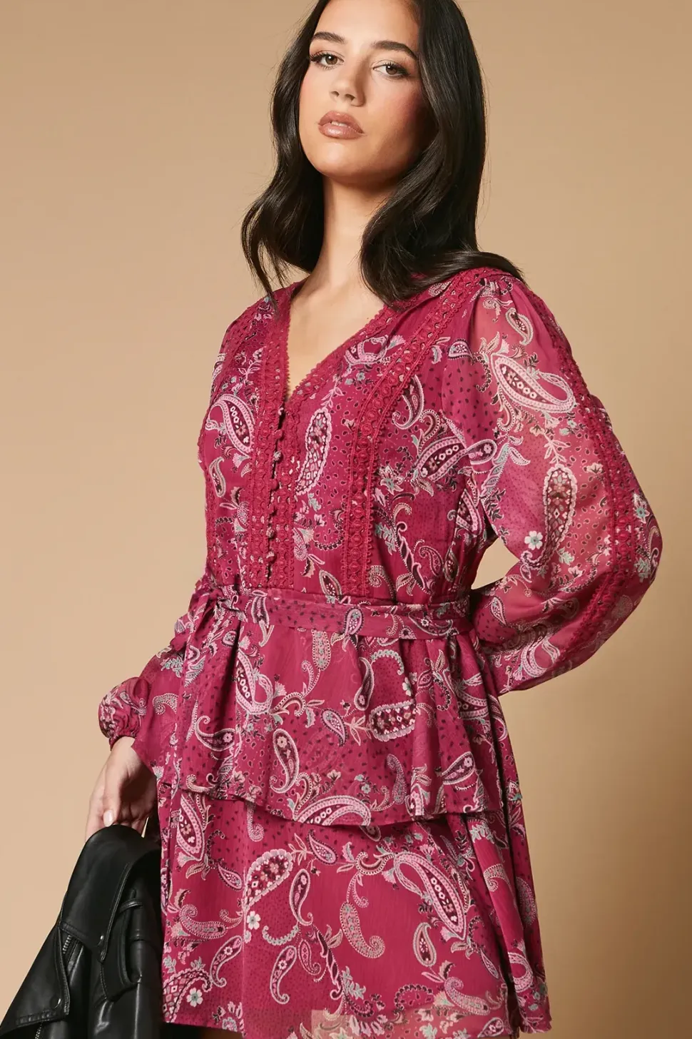 Paisley Printed Lace Trim Tiered Belted Mini Dress