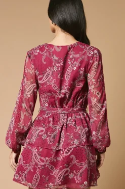 Paisley Printed Lace Trim Tiered Belted Mini Dress