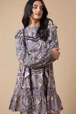 Paisley Printed Ruffle Lace Trim Mini Dress