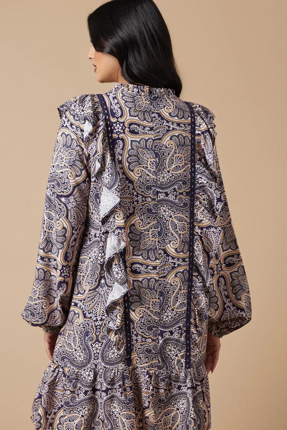 Paisley Printed Ruffle Lace Trim Mini Dress