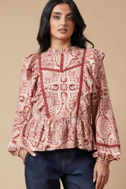 Paisley Printed Ruffle Lace Trim Top