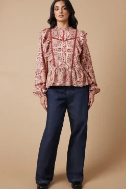 Paisley Printed Ruffle Lace Trim Top