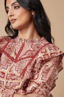 Paisley Printed Ruffle Lace Trim Top