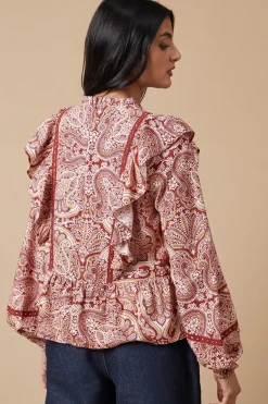 Paisley Printed Ruffle Lace Trim Top