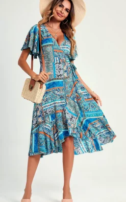 Paisley Print Hem Wrap Midi Dress In Blue