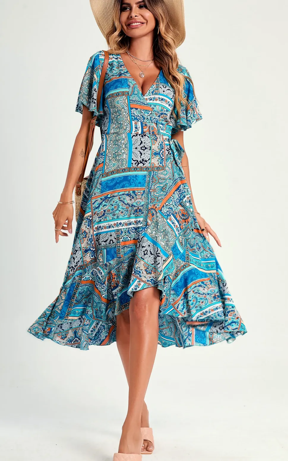 Paisley Print Hem Wrap Midi Dress In Blue