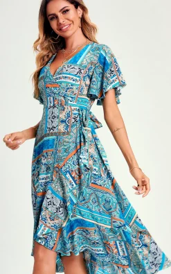 Paisley Print Hem Wrap Midi Dress In Blue