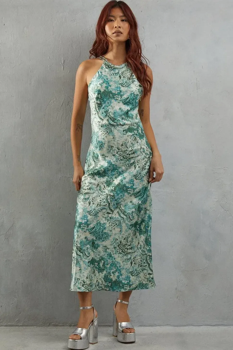 Paisley Print Satin Strappy Back Slip Dress