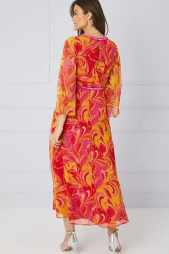Paisley Print Trim Detail Midaxi Dress