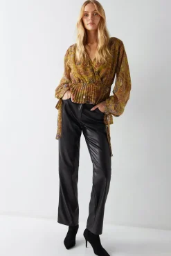 Paisley Print V Neck Pleat Hem Chiffon Blouse