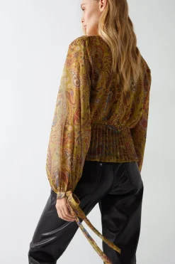 Paisley Print V Neck Pleat Hem Chiffon Blouse