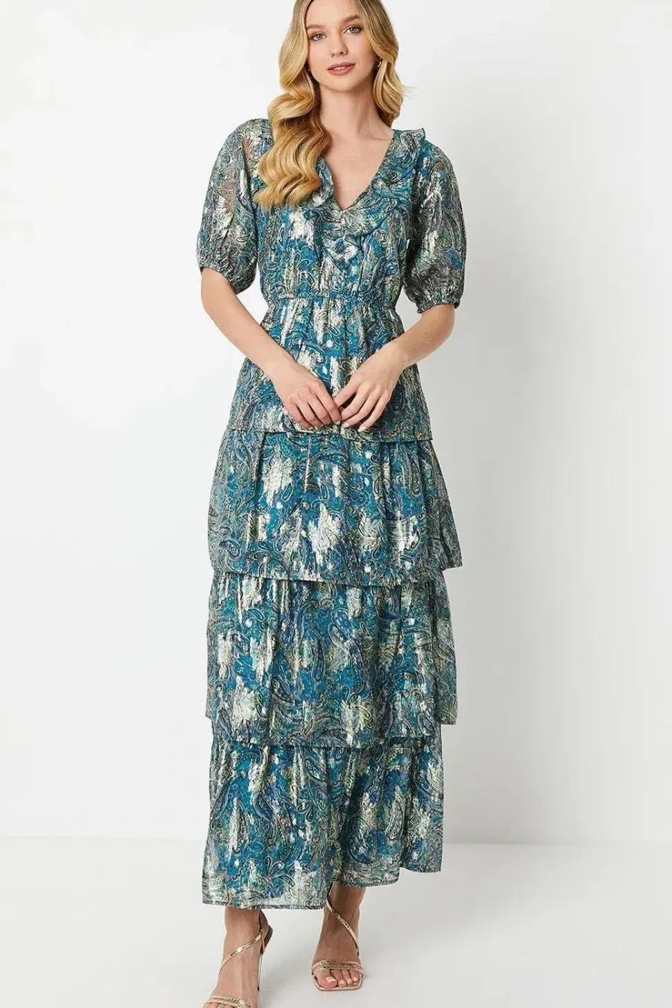 Paisley Ruffle Metallic Jacquard Tiered Midi Dress