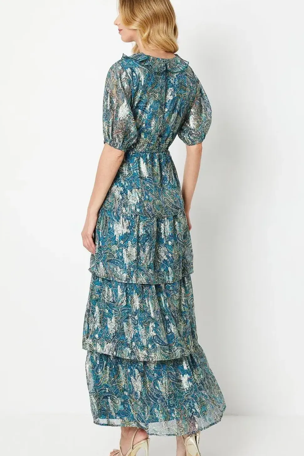 Paisley Ruffle Metallic Jacquard Tiered Midi Dress
