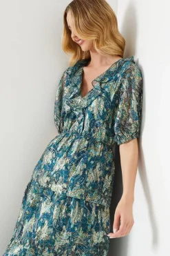 Paisley Ruffle Metallic Jacquard Tiered Midi Dress
