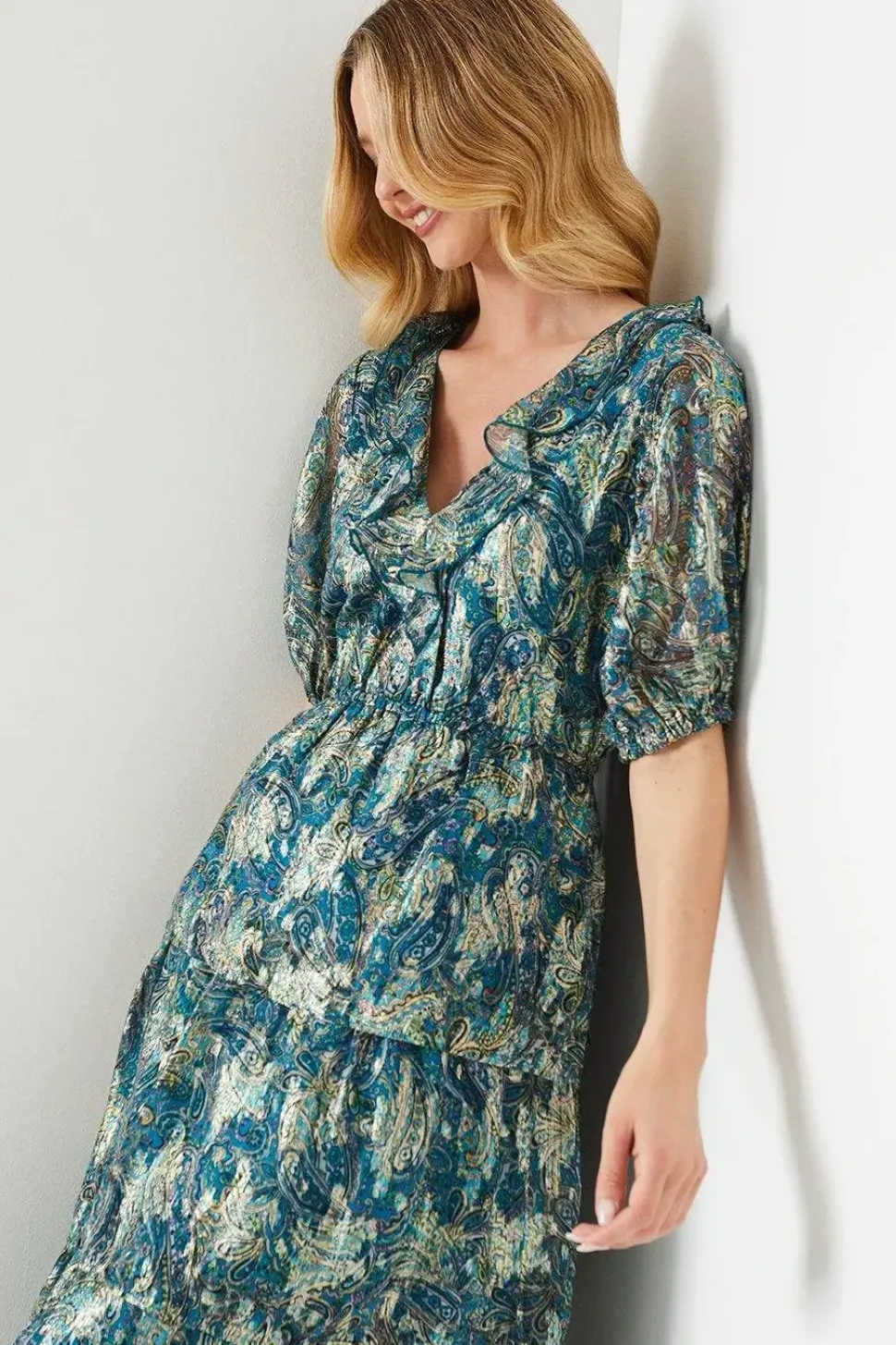 Paisley Ruffle Metallic Jacquard Tiered Midi Dress