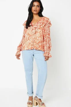 Paisley Ruffle Neckline Burnout Chiffon Blouse