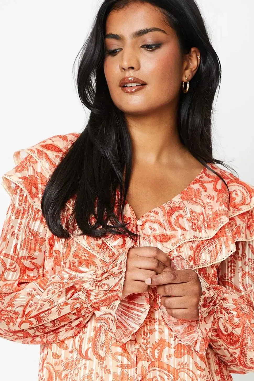 Paisley Ruffle Neckline Burnout Chiffon Blouse
