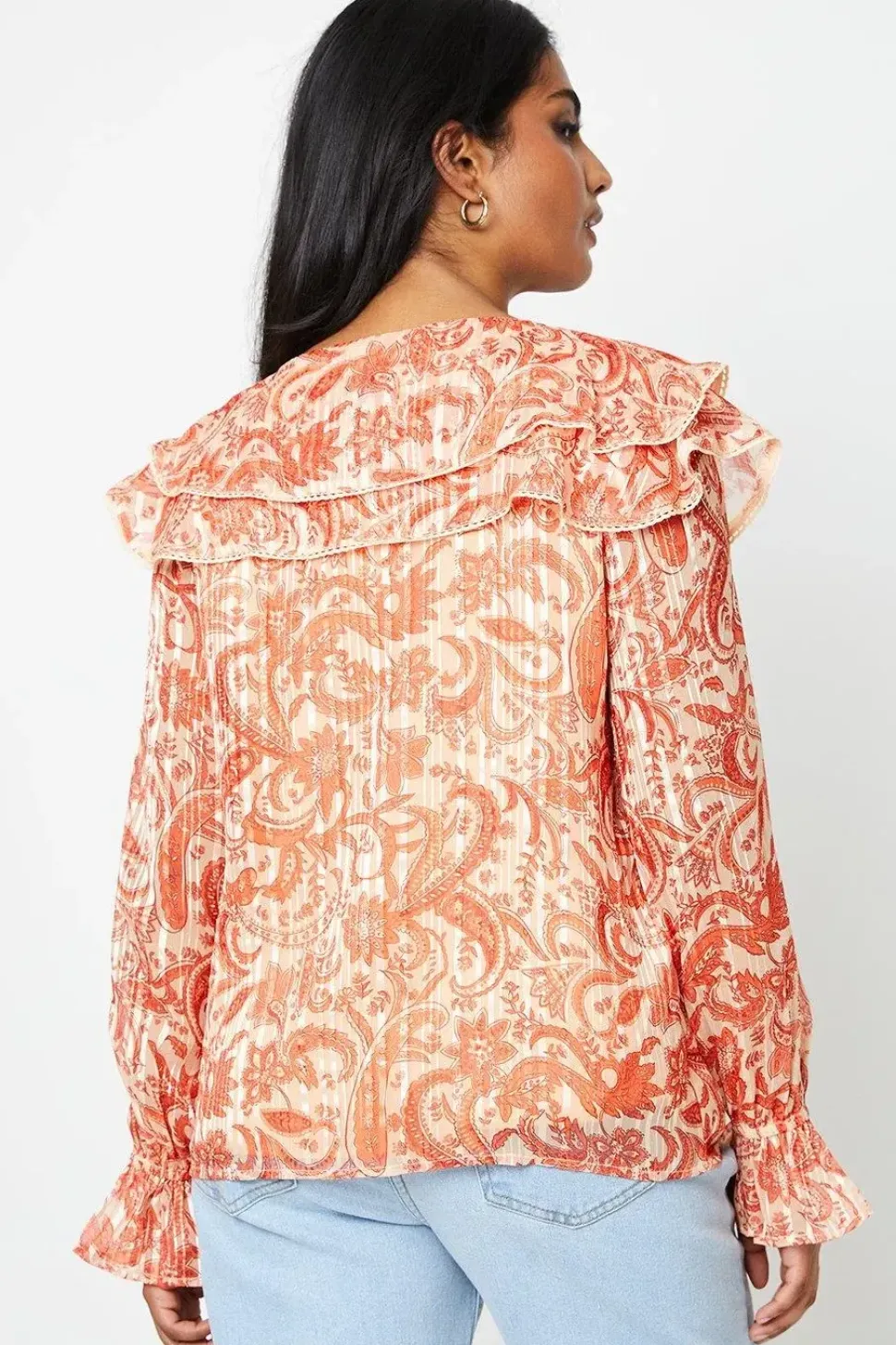 Paisley Ruffle Neckline Burnout Chiffon Blouse