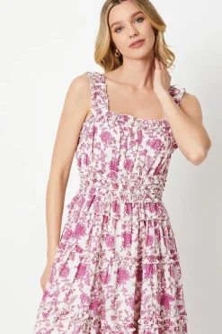 Paisley Shirred Strap Ruffle Detail Midi Dress
