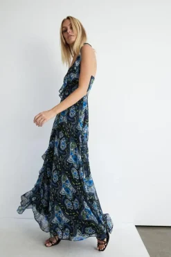 Paisley Strappy Ruffle Wrap Maxi Dress