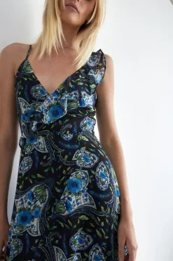 Paisley Strappy Ruffle Wrap Maxi Dress
