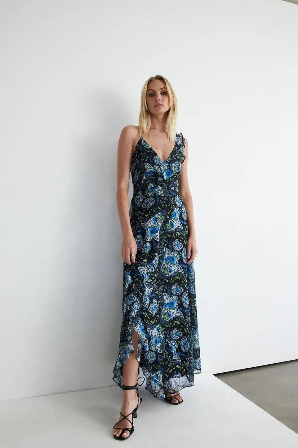 Paisley Strappy Ruffle Wrap Maxi Dress
