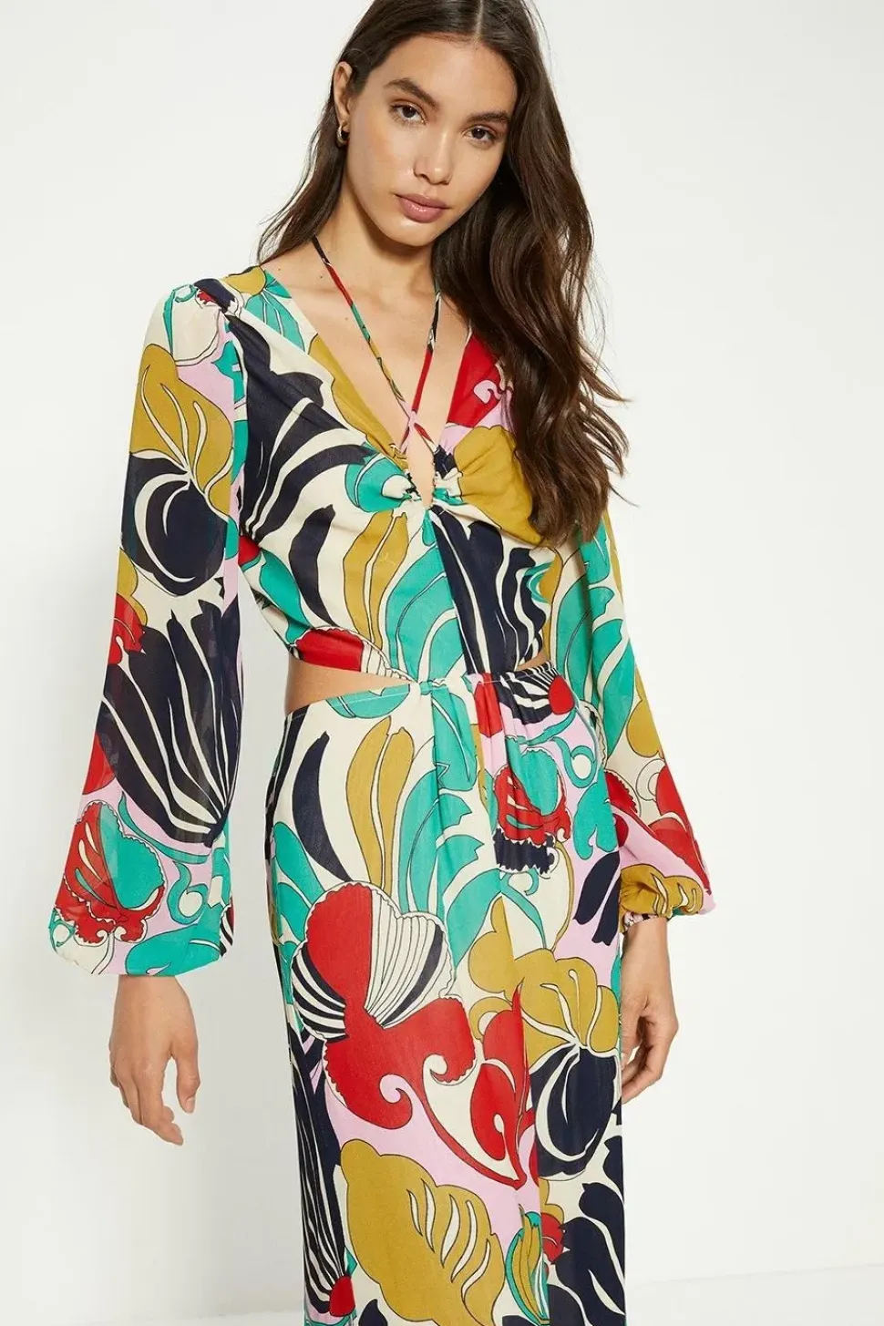 Paisley Swirl Printed Tie Neck Wide Leg Jumpsuit