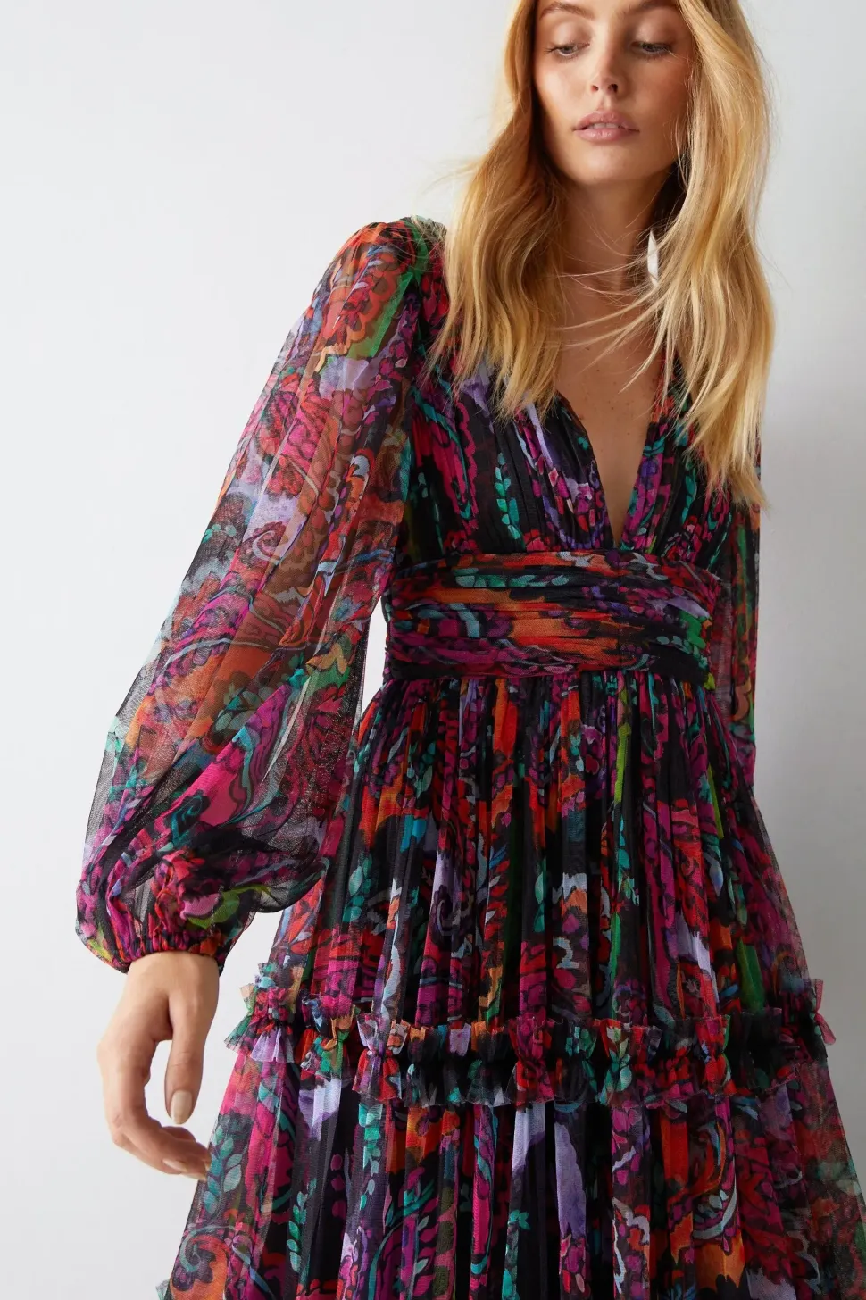 Paisley Tulle Balloon Sleeve Tiered Maxi Dress