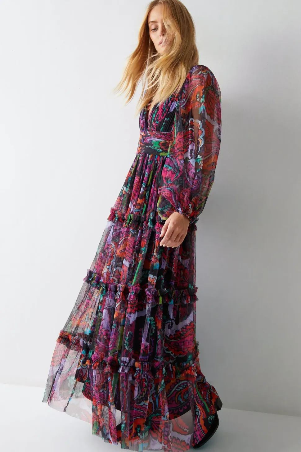 Paisley Tulle Balloon Sleeve Tiered Maxi Dress