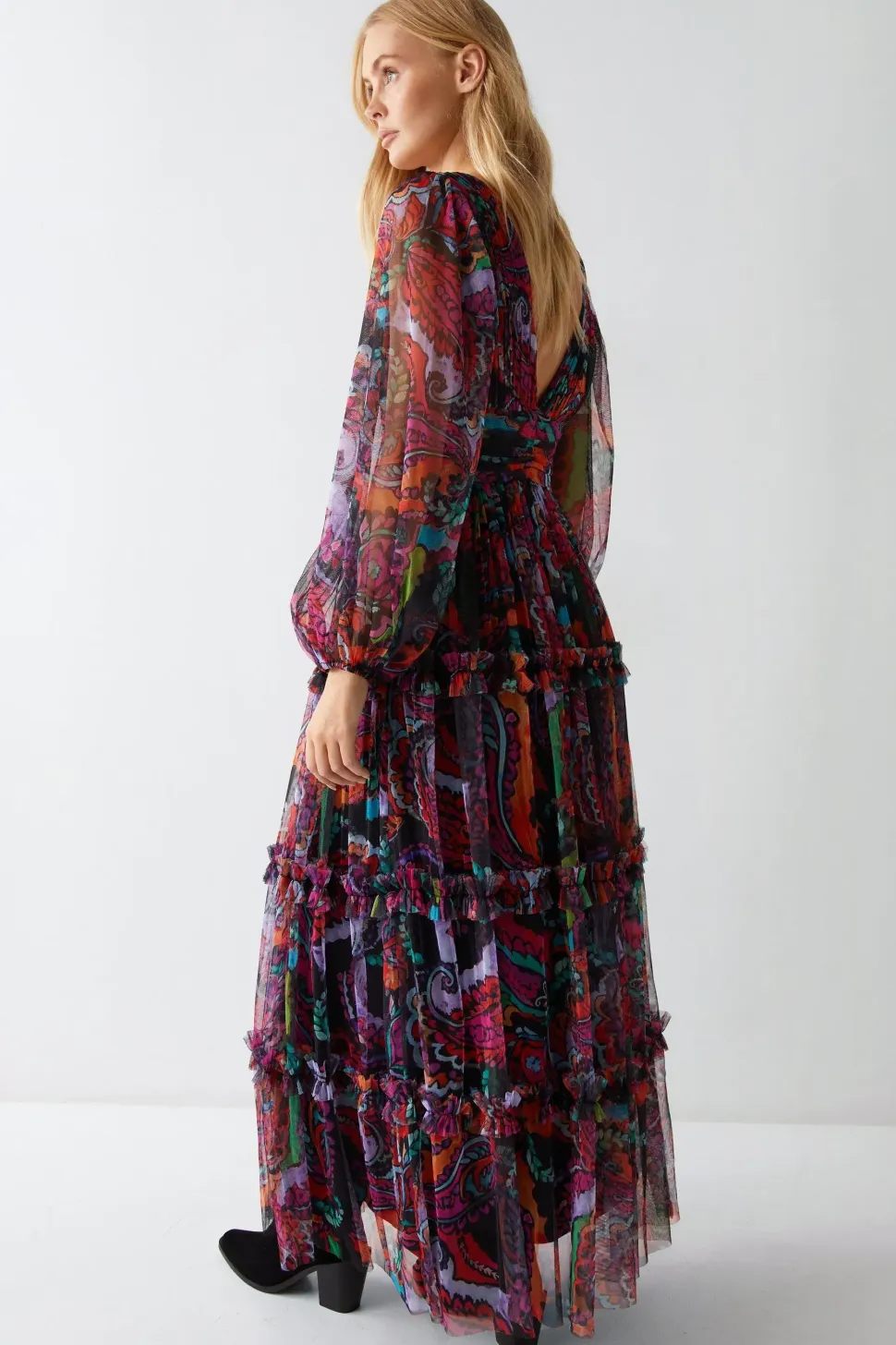 Paisley Tulle Balloon Sleeve Tiered Maxi Dress