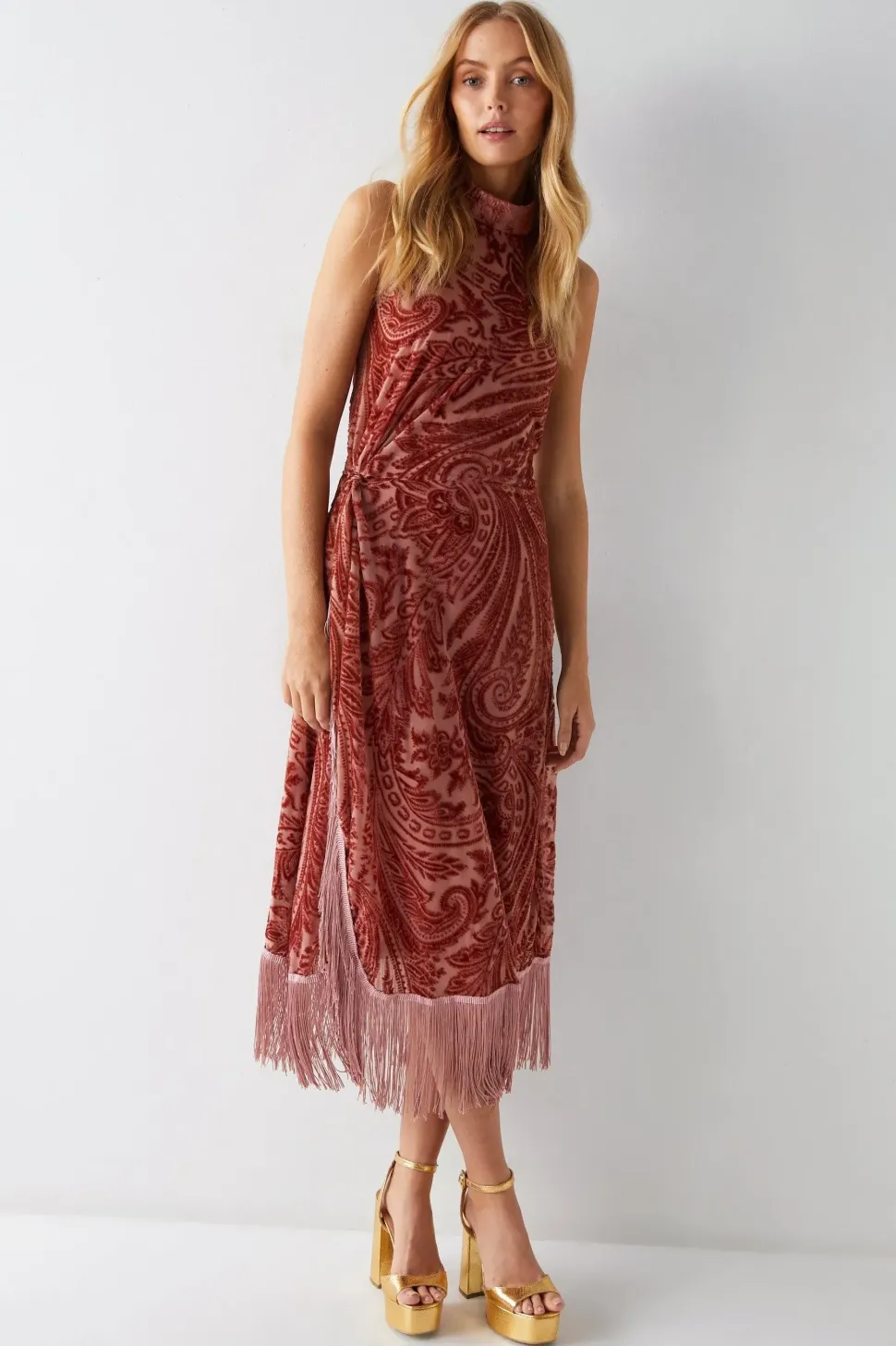 Paisley Velvet Fringe Halterneck Dress