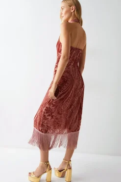 Paisley Velvet Fringe Halterneck Dress