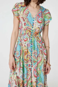 Paisley V-Neck Button Detail Maxi Dress