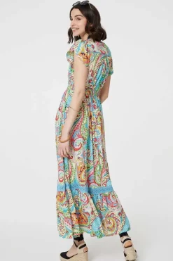 Paisley V-Neck Button Detail Maxi Dress