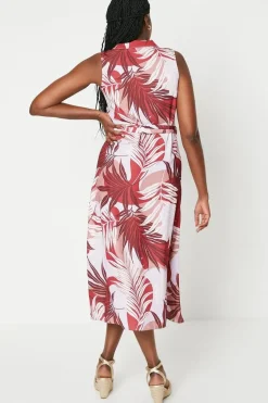 Palm Print Sleeveless Belted Shirt Dress