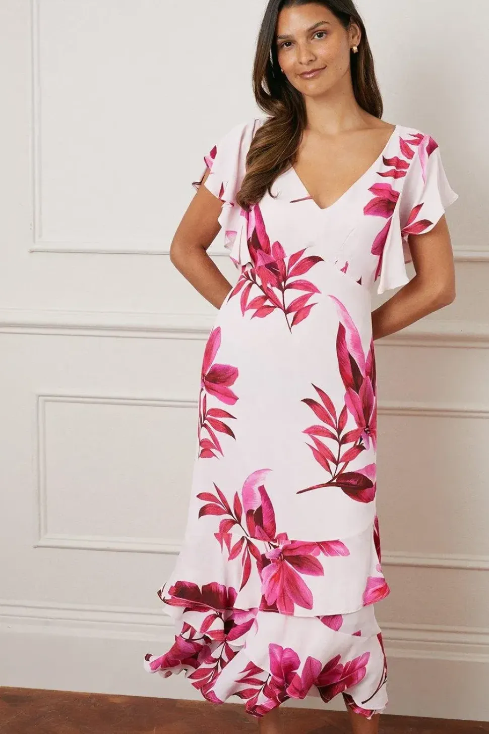Palm Ruffle Sleeve Tiered Midaxi Dress
