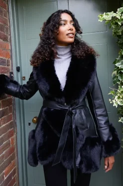 Panel Fur PU Belted Coat