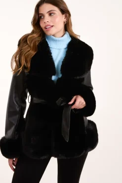 Panel Fur PU Belted Coat