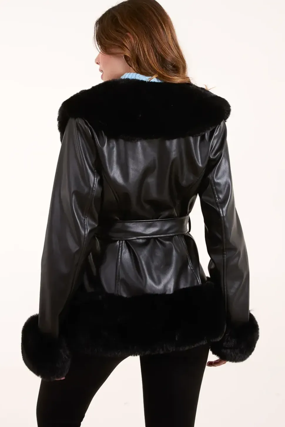 Panel Fur PU Belted Coat