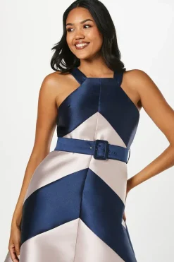 Panelled Colour Block Satin Twill Midi Wedding Guest Dress