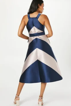 Panelled Colour Block Satin Twill Midi Wedding Guest Dress