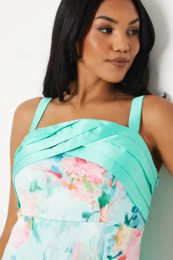 Panelled Twill Bodice Ruffle Back Scuba Pencil Dress