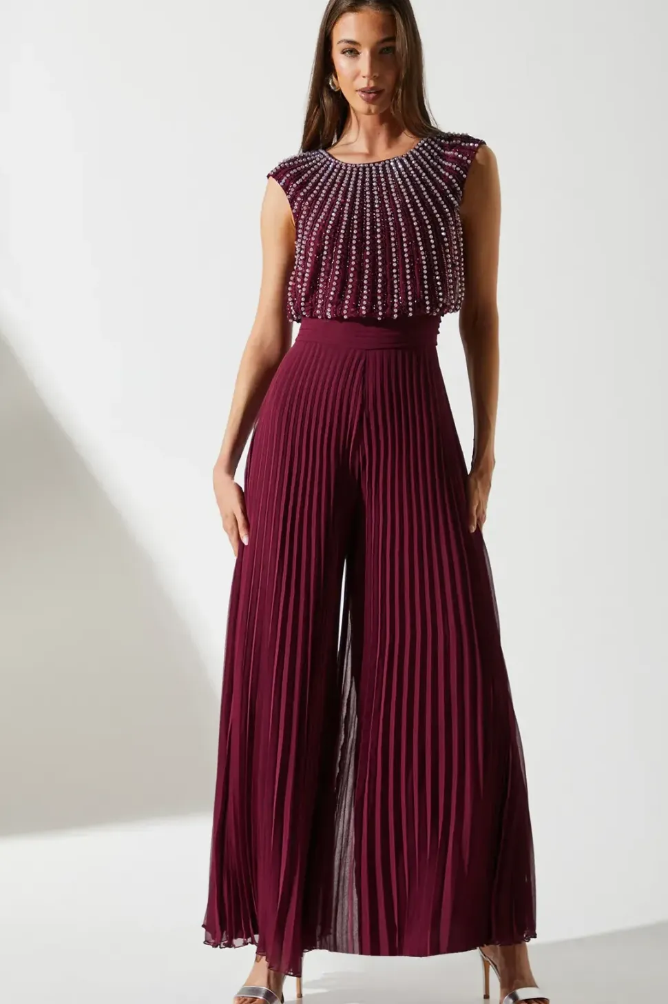 Party Diamante Chiffon Pleated Jumpsuit