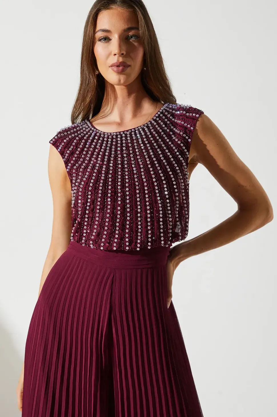 Party Diamante Chiffon Pleated Jumpsuit