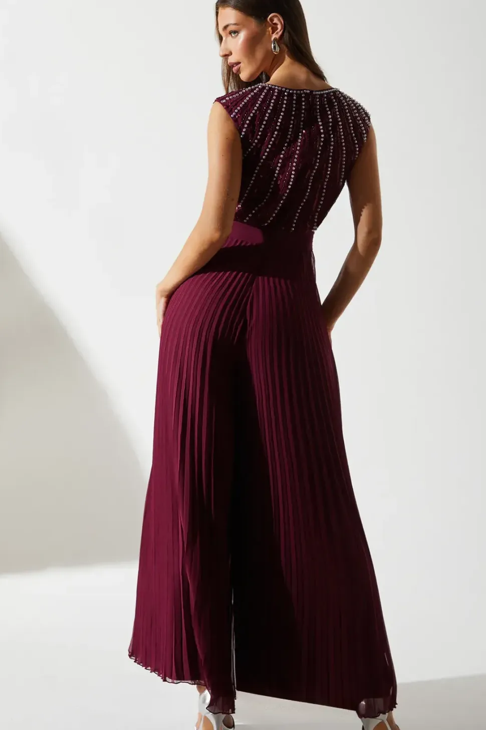 Party Diamante Chiffon Pleated Jumpsuit