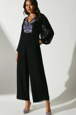 Party Embellished Long Sleeve Batwing Jumpsuit